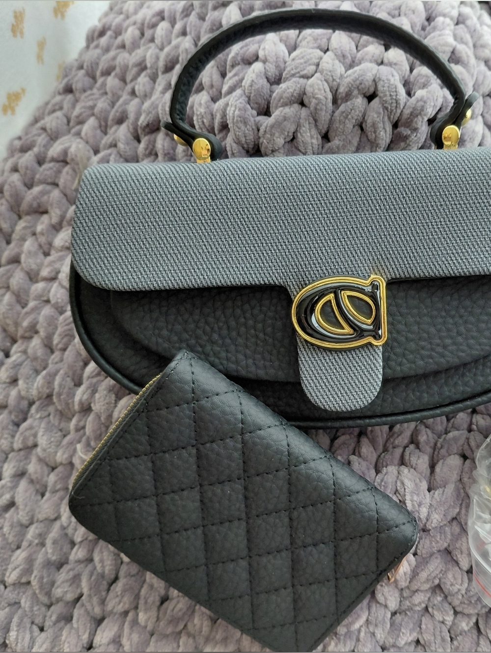 Gray And Black Top-Handle Crossbody Bag with Gold Accent